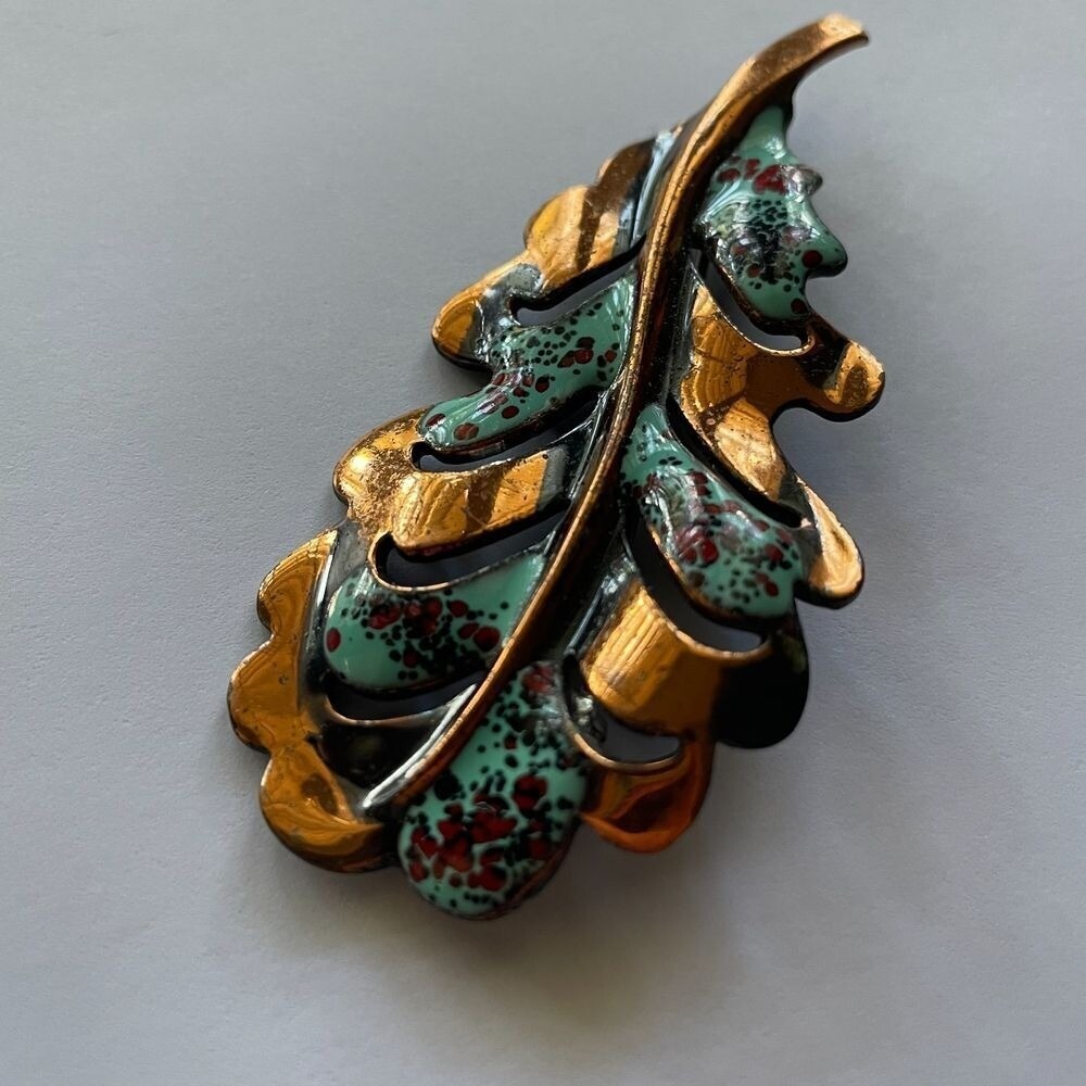 ❗️FINAL SALE❗️ Copper Green Enamel Leaf‎ Brooch Pin Floral Jewelry Pin